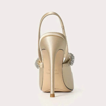 Escarpins slingback satin bout pointu talon aiguille avec bride strass