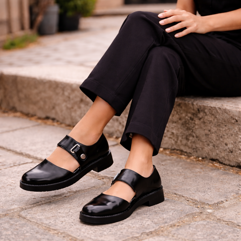 Chaussures Mary Jane pour femmes | Cuir noir, sangle boucle | Ballerines confortables plates