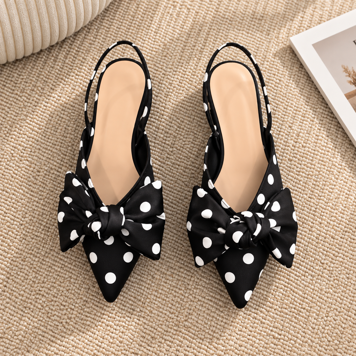 Dámské lodičky | slingback s mašlí a špičatou špičkou | elegantní blokový podpatek