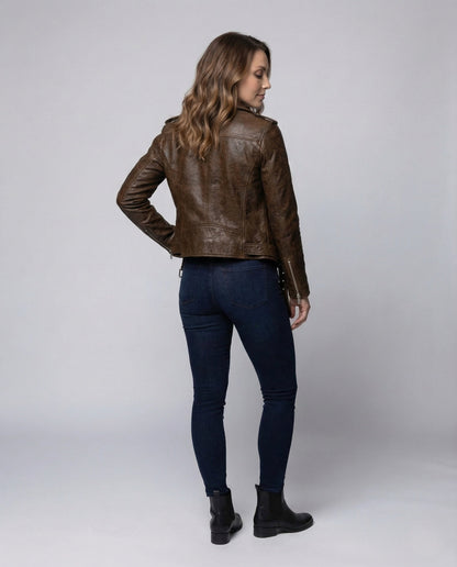 Veste motard femme cuir | Taillée, cuir véritable | Noir, marron