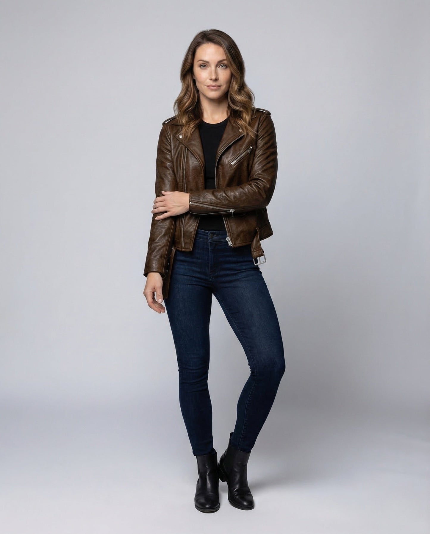 Veste motard femme cuir | Taillée, cuir véritable | Noir, marron