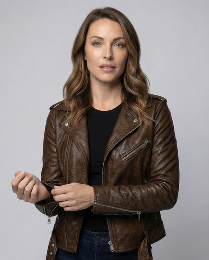 Veste motard femme cuir | Taillée, cuir véritable | Noir, marron
