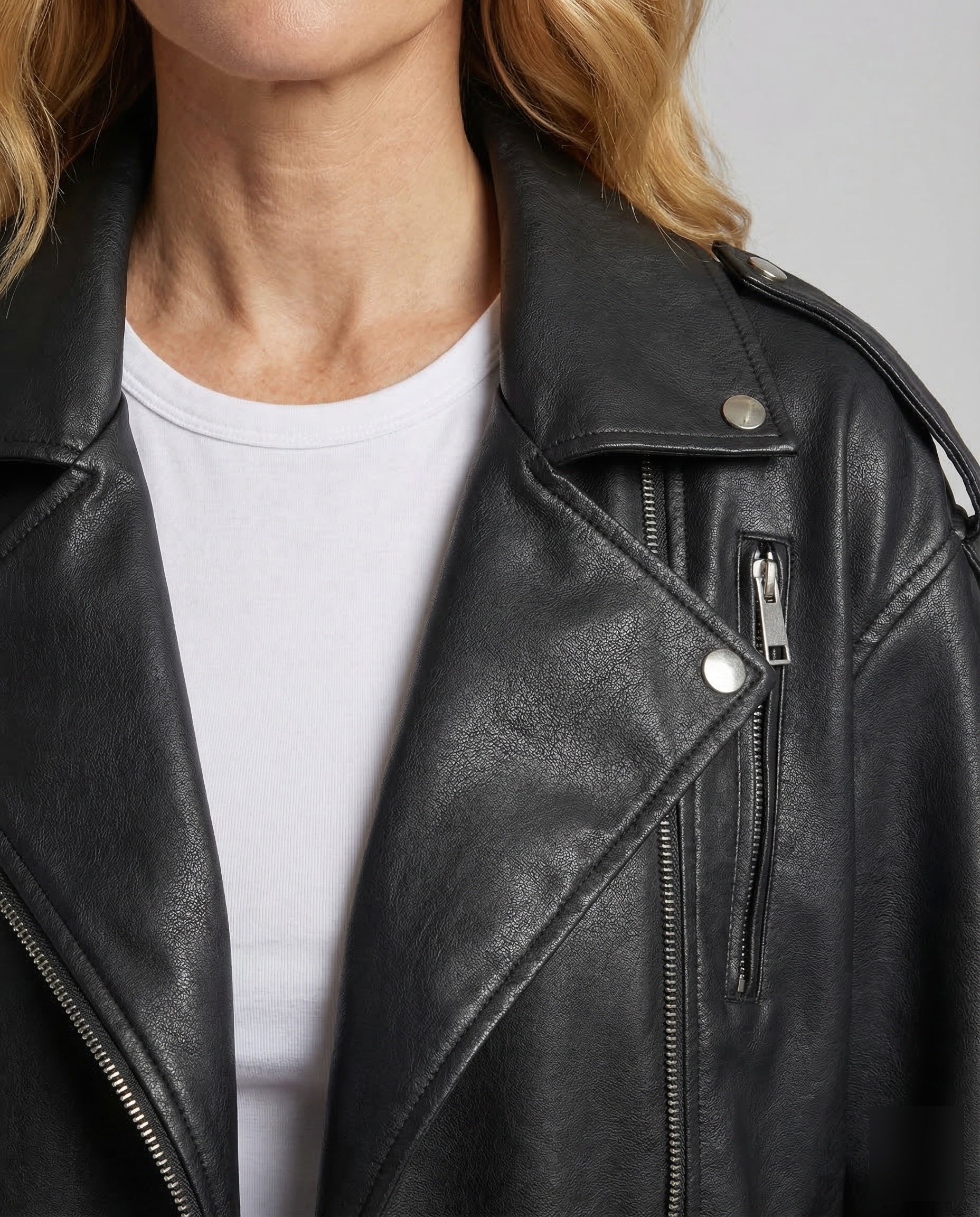 Veste motard femme cuir végétal | Oversize, fermeture asymétrique