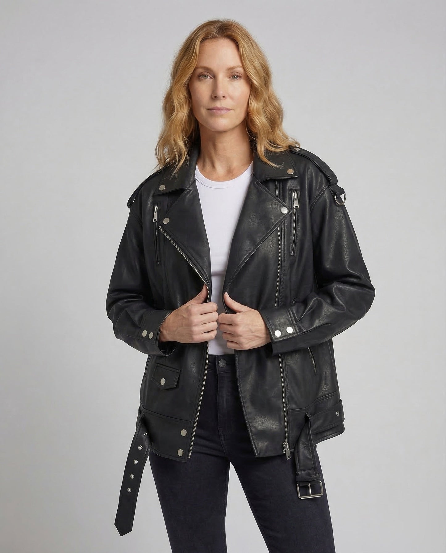 Veste motard femme cuir végétal | Oversize, fermeture asymétrique