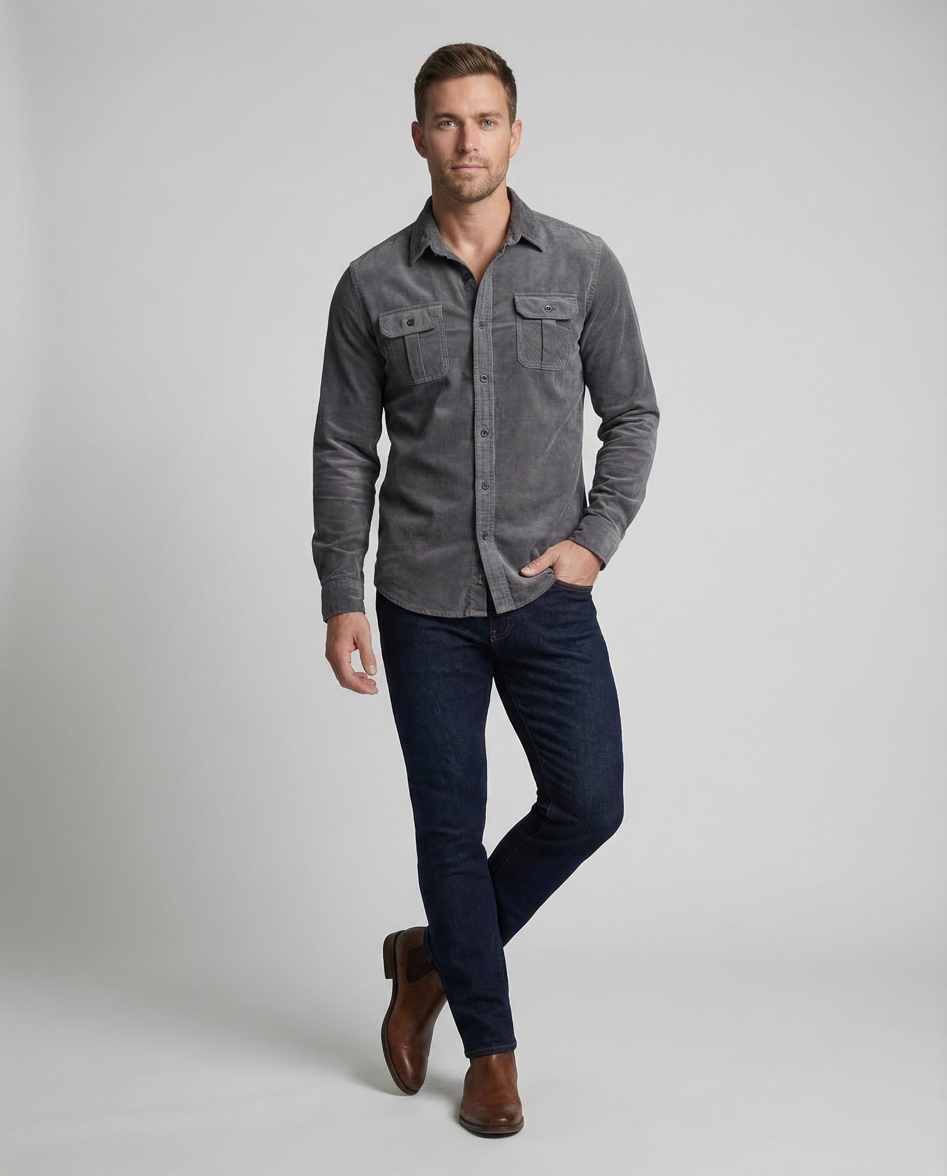 Chemise Homme Vintage | Velours Côtelé, Poches Poitrine | Style Casual