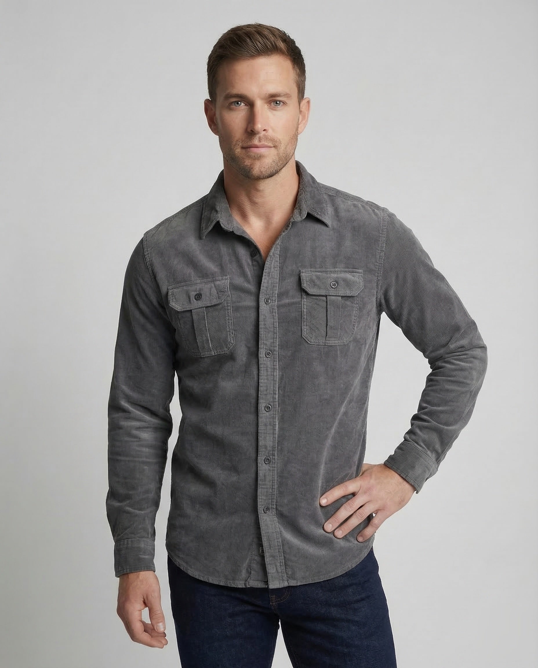 Chemise Homme Vintage | Velours Côtelé, Poches Poitrine | Style Casual