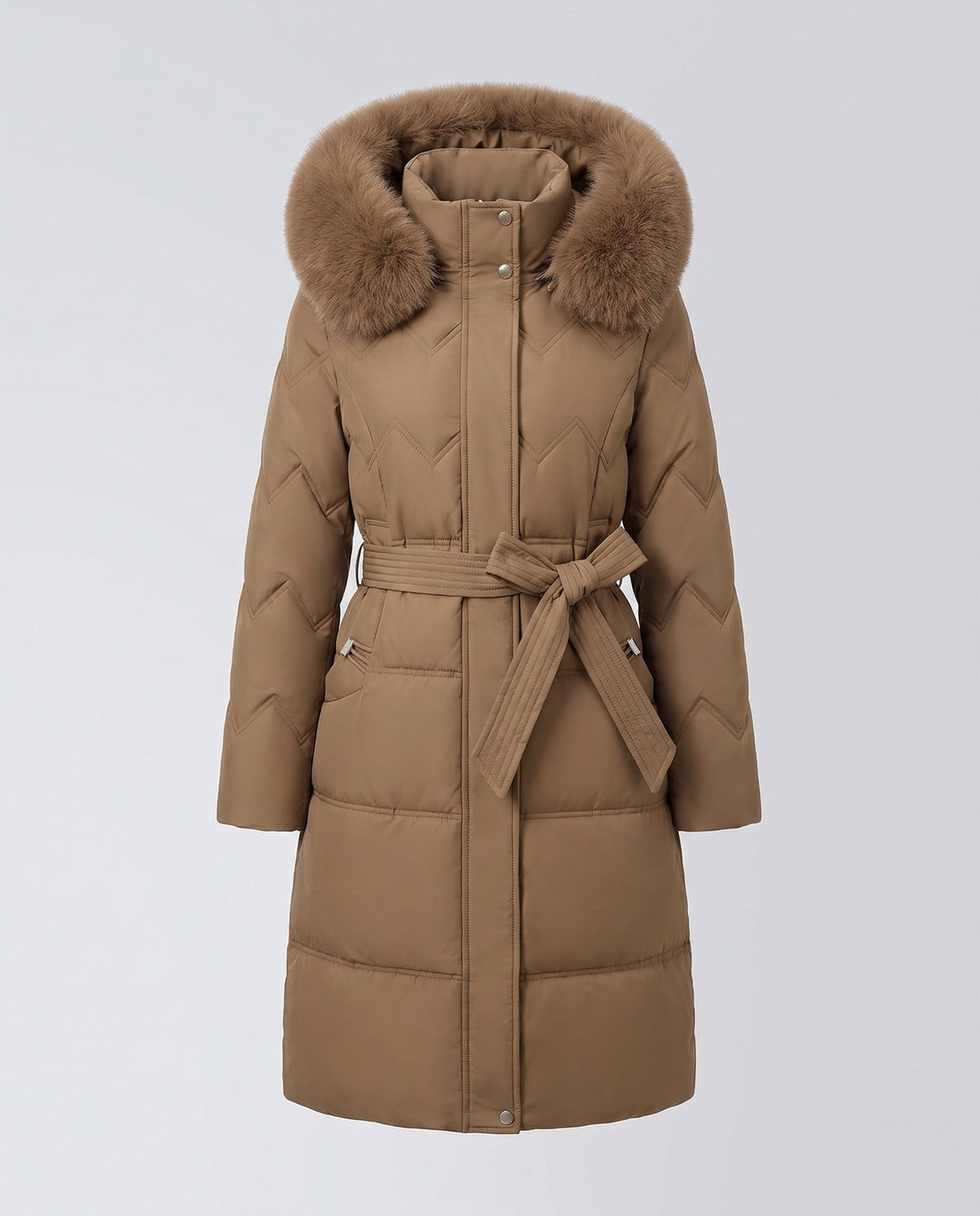 Doudoune longue femme capuche fourrure avec duvet matelassé et coupe taillée