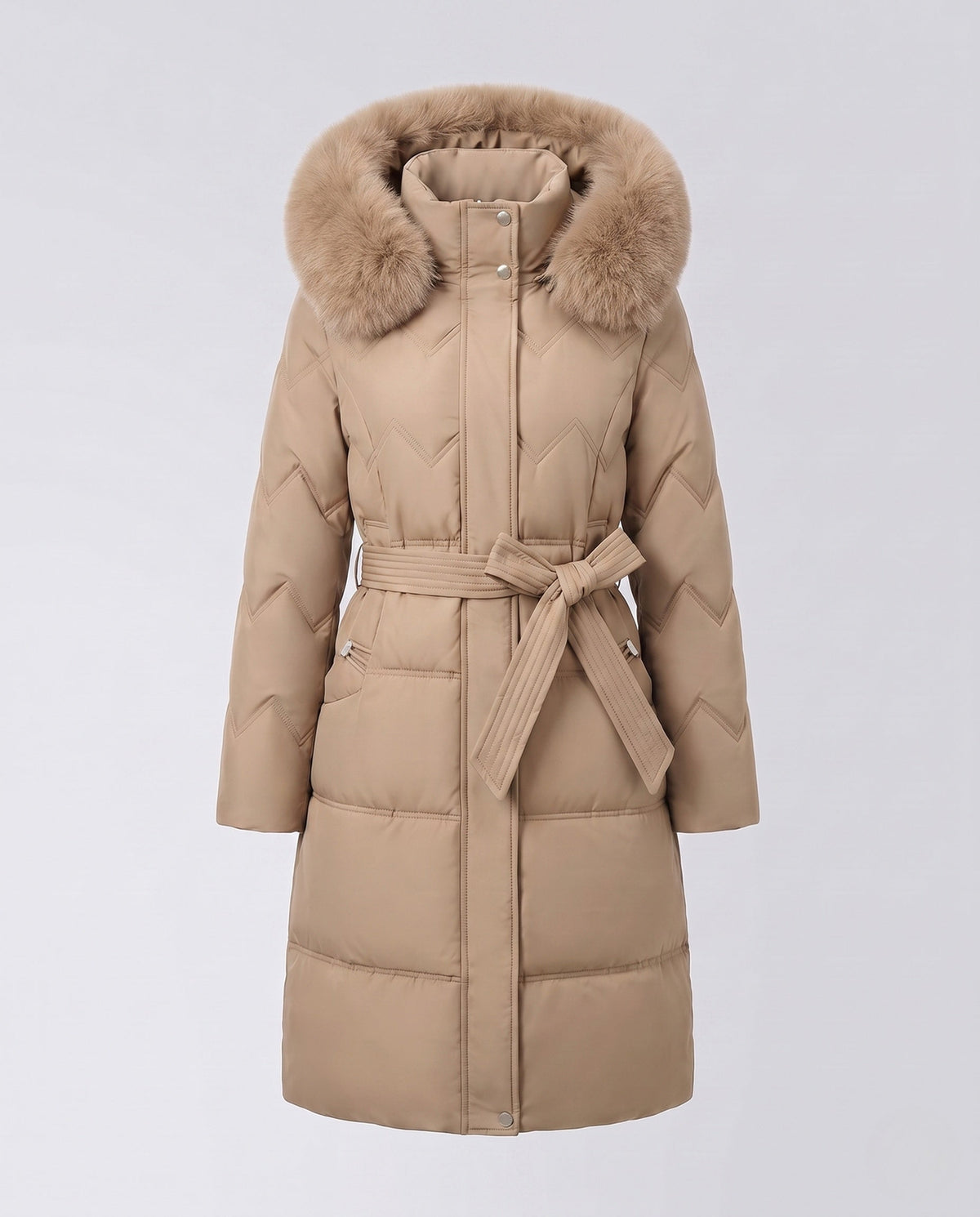 Doudoune longue femme capuche fourrure avec duvet matelassé et coupe taillée