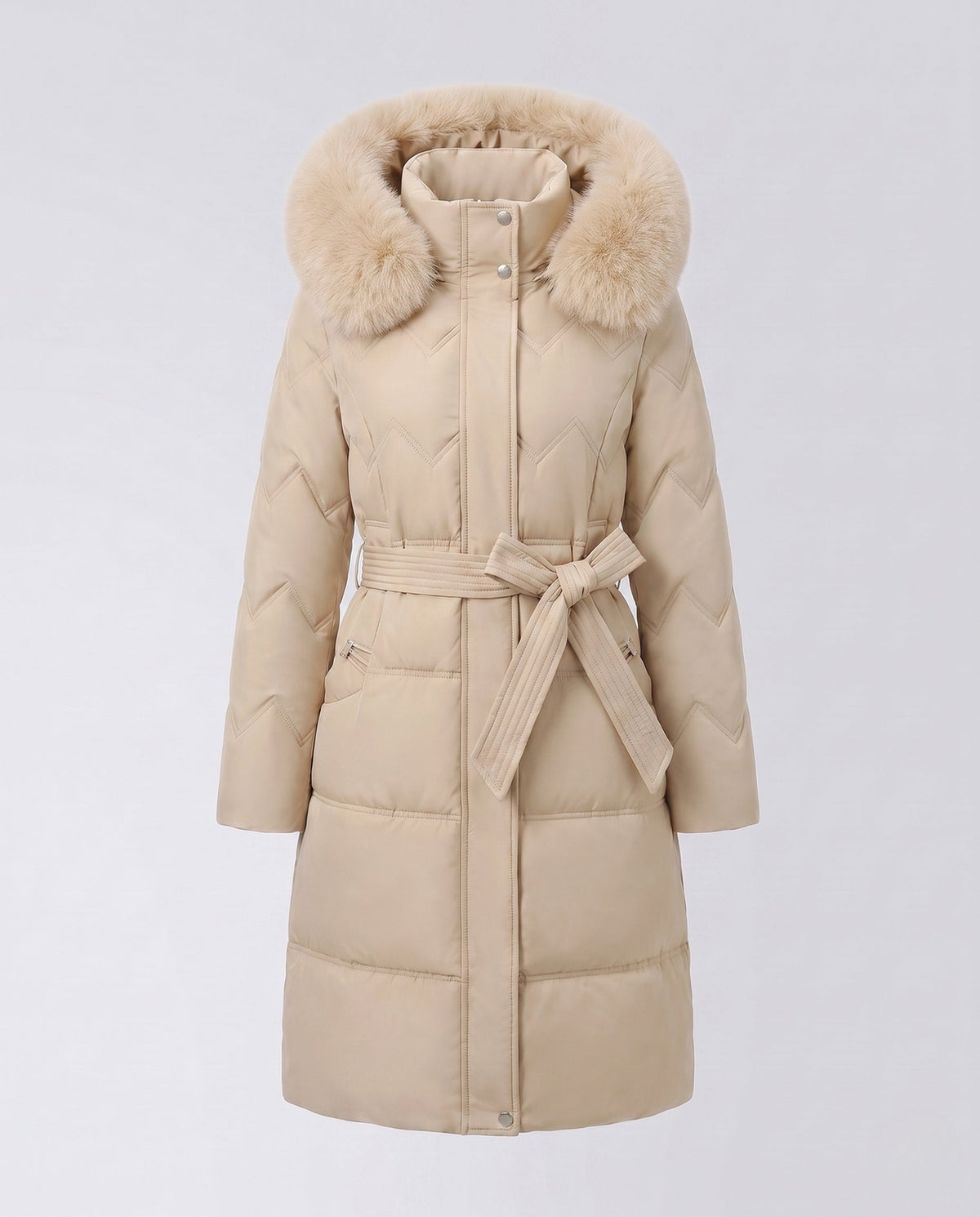 Doudoune longue femme capuche fourrure avec duvet matelassé et coupe taillée
