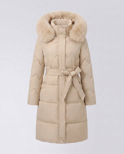 Doudoune longue femme capuche fourrure avec duvet matelassé et coupe taillée