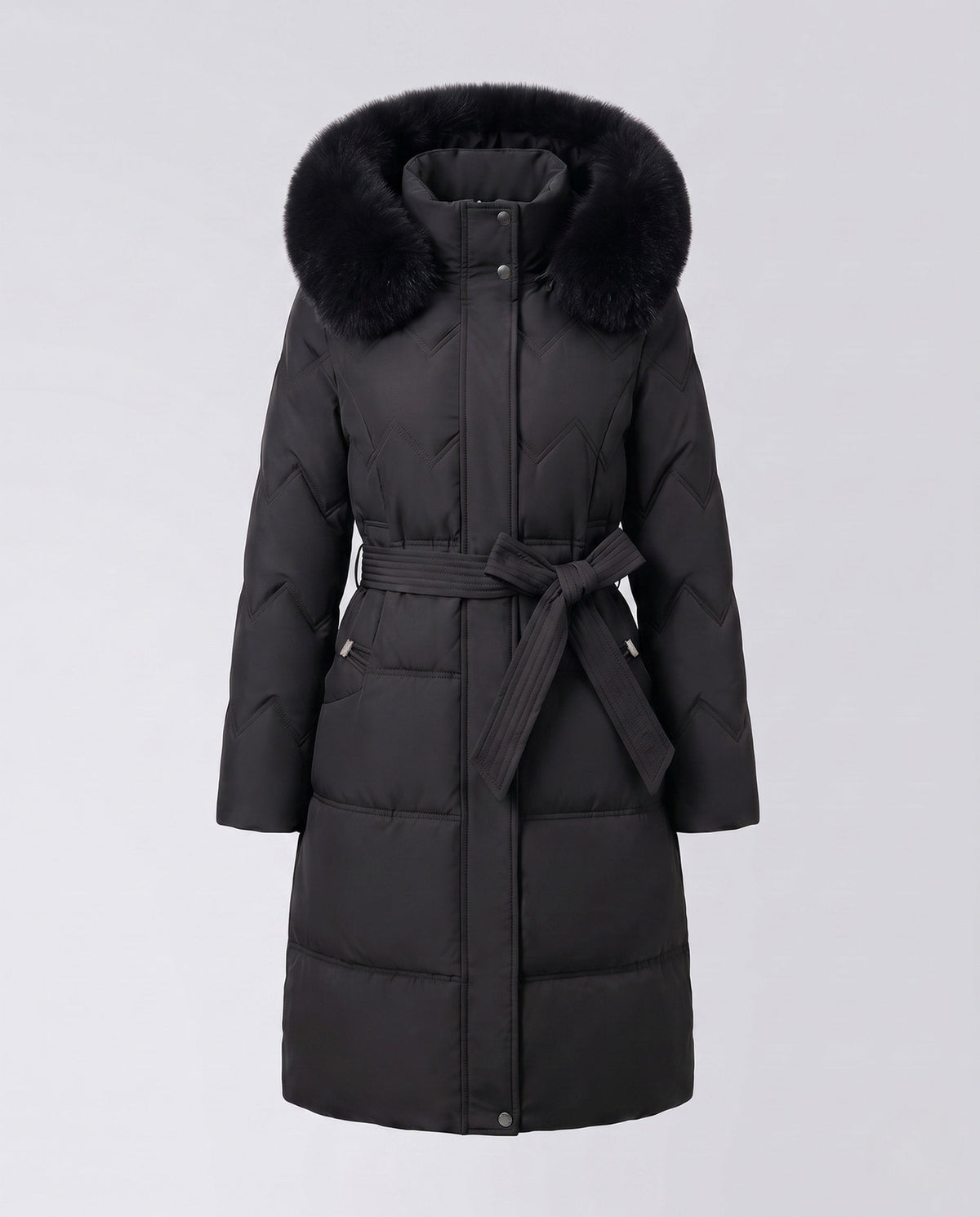 Doudoune longue femme capuche fourrure avec duvet matelassé et coupe taillée