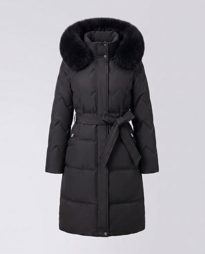 Doudoune longue femme capuche fourrure avec duvet matelassé et coupe taillée