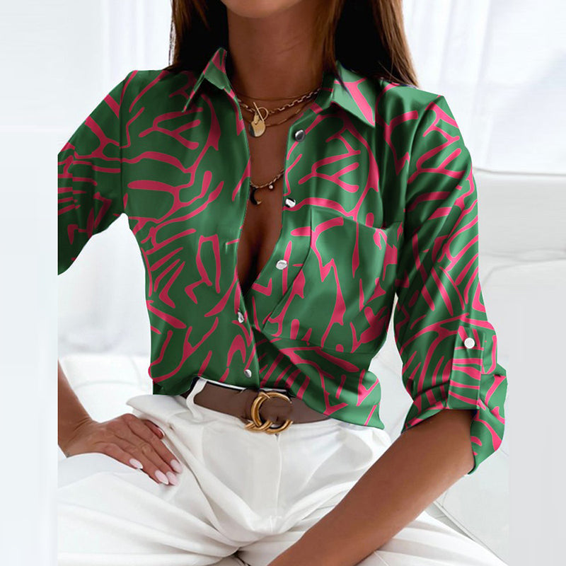 Chemise Femme | Motif Géométrique, Col Revers | Style Chic Décontracté