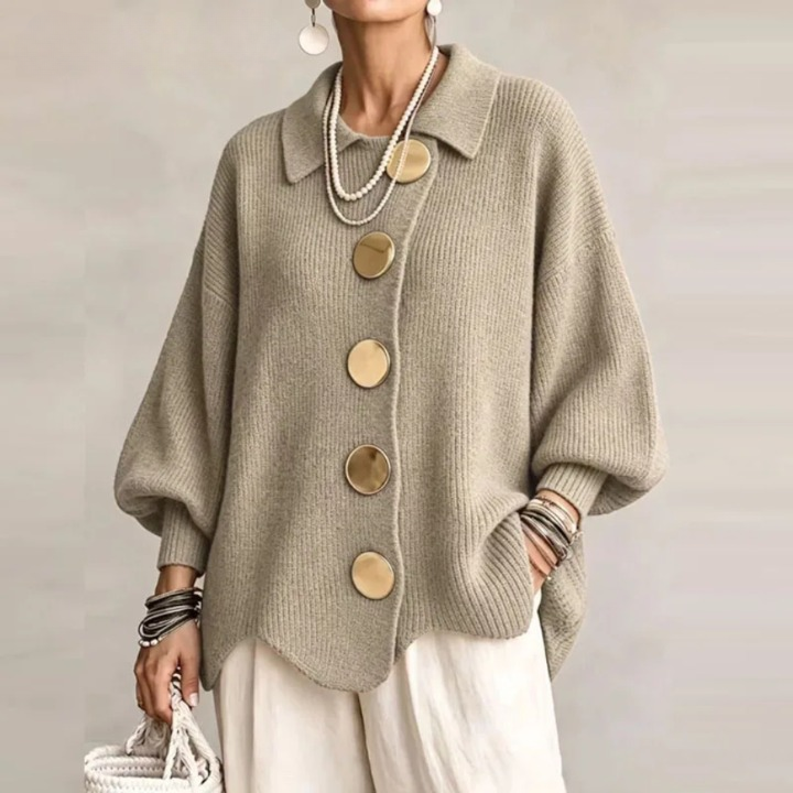 Cardigan tricoté côtelé oversize femme boutons dorés col rabattu ourlet festonné