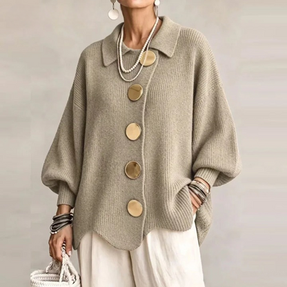 Cardigan tricoté côtelé oversize femme boutons dorés col rabattu ourlet festonné
