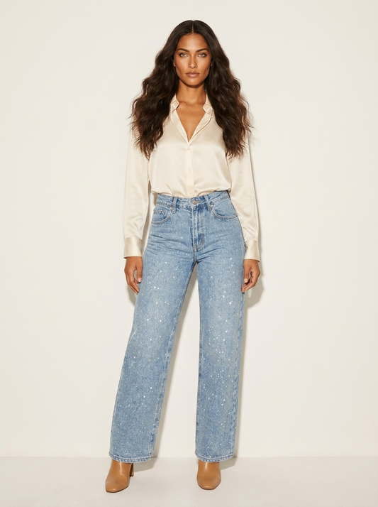 Jeans Femme Taille Haute | Coupe Droite, Détails Paillettes
