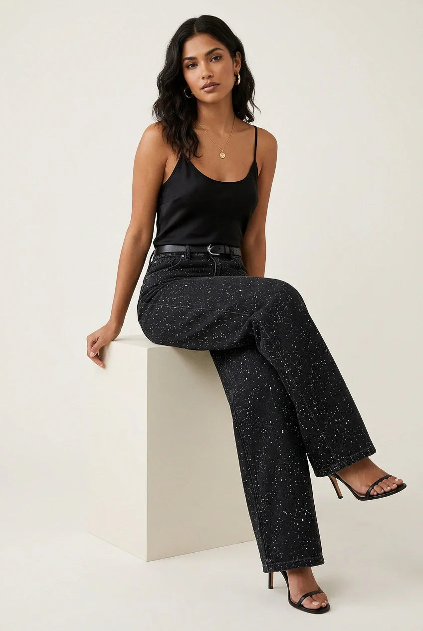 Jeans Femme Taille Haute | Coupe Droite, Détails Paillettes