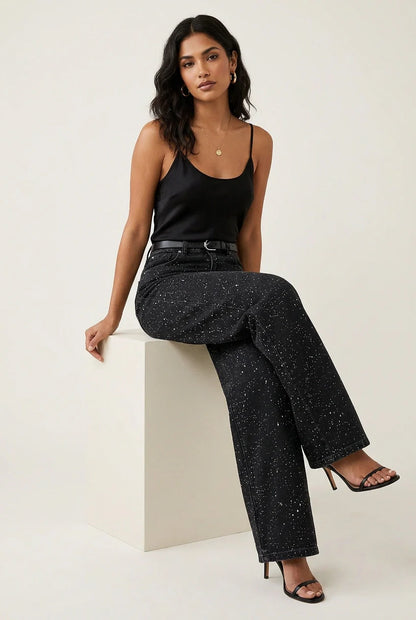 Jeans Femme Taille Haute | Coupe Droite, Détails Paillettes