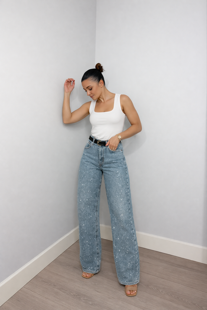 Jeans Femme Taille Haute | Coupe Droite, Détails Paillettes
