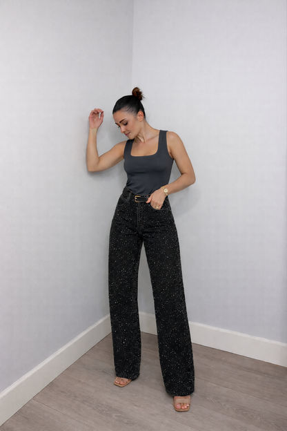 Jeans Femme Taille Haute | Coupe Droite, Détails Paillettes