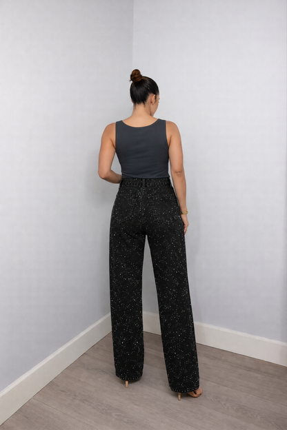 Jeans Femme Taille Haute | Coupe Droite, Détails Paillettes