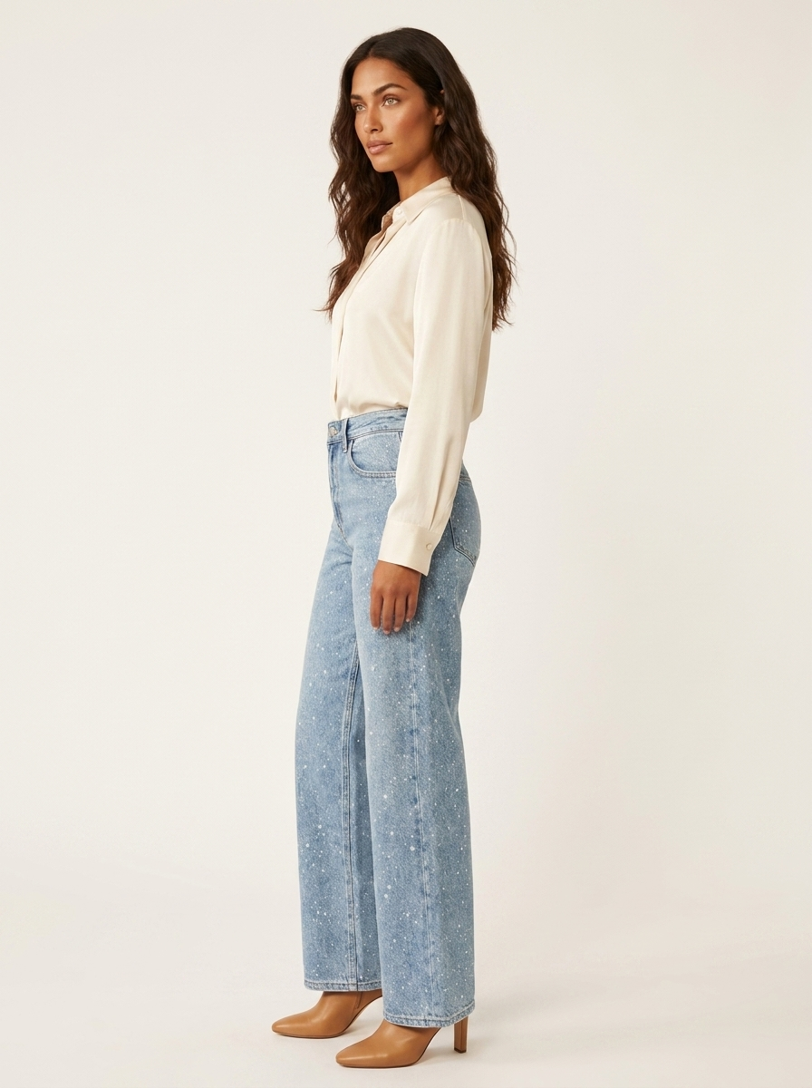Jeans Femme Taille Haute | Coupe Droite, Détails Paillettes