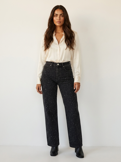 Jeans Femme Taille Haute | Coupe Droite, Détails Paillettes