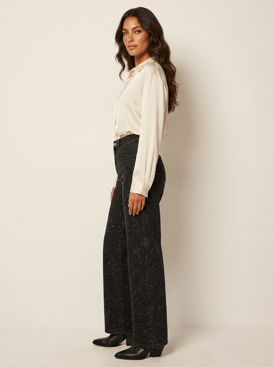 Jeans Femme Taille Haute | Coupe Droite, Détails Paillettes