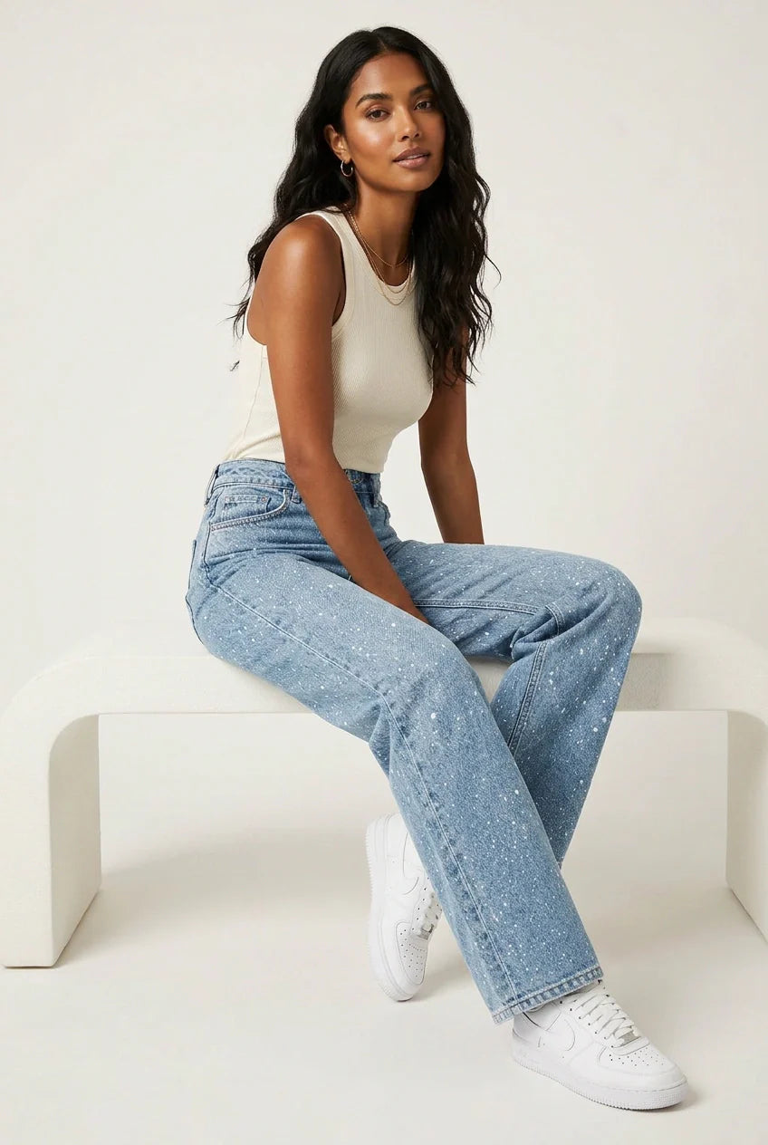 Jeans Femme Taille Haute | Coupe Droite, Détails Paillettes