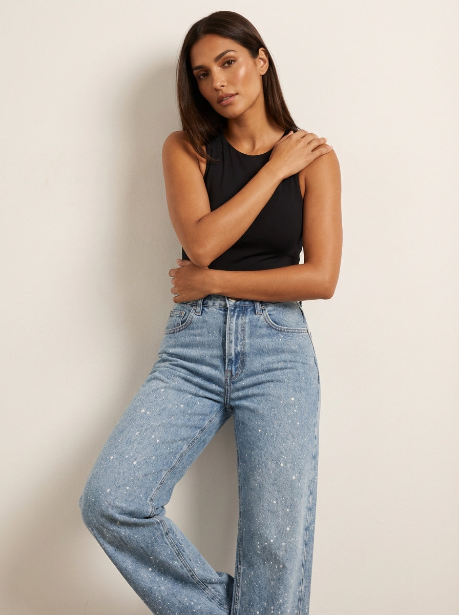 Jeans Femme Taille Haute | Coupe Droite, Détails Paillettes