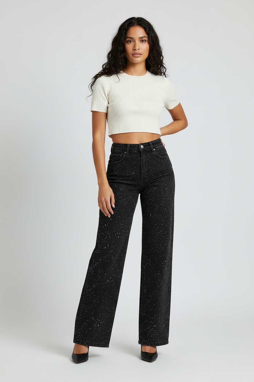 Jeans Femme Taille Haute | Coupe Droite, Détails Paillettes