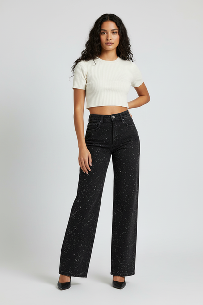 Jeans Femme Taille Haute | Coupe Droite, Détails Paillettes