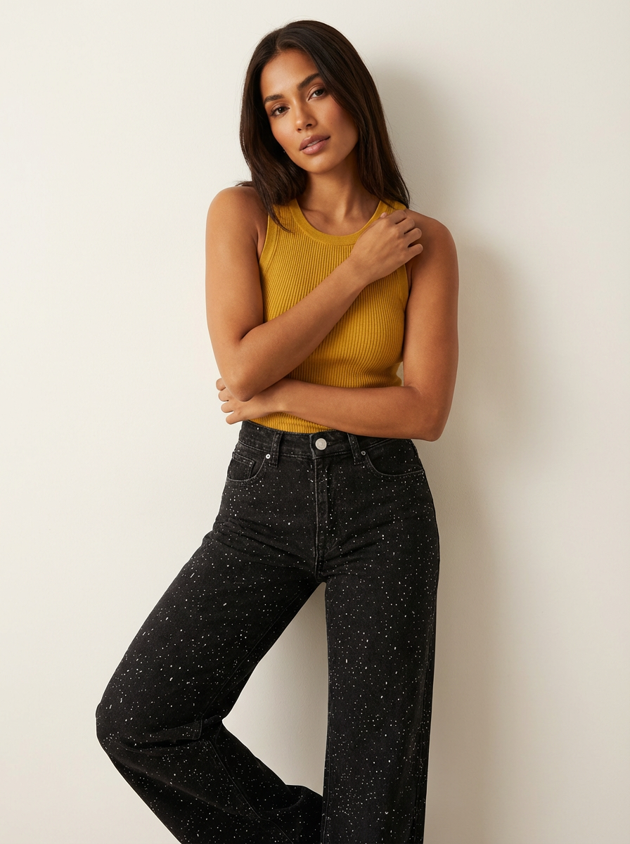 Jeans Femme Taille Haute | Coupe Droite, Détails Paillettes
