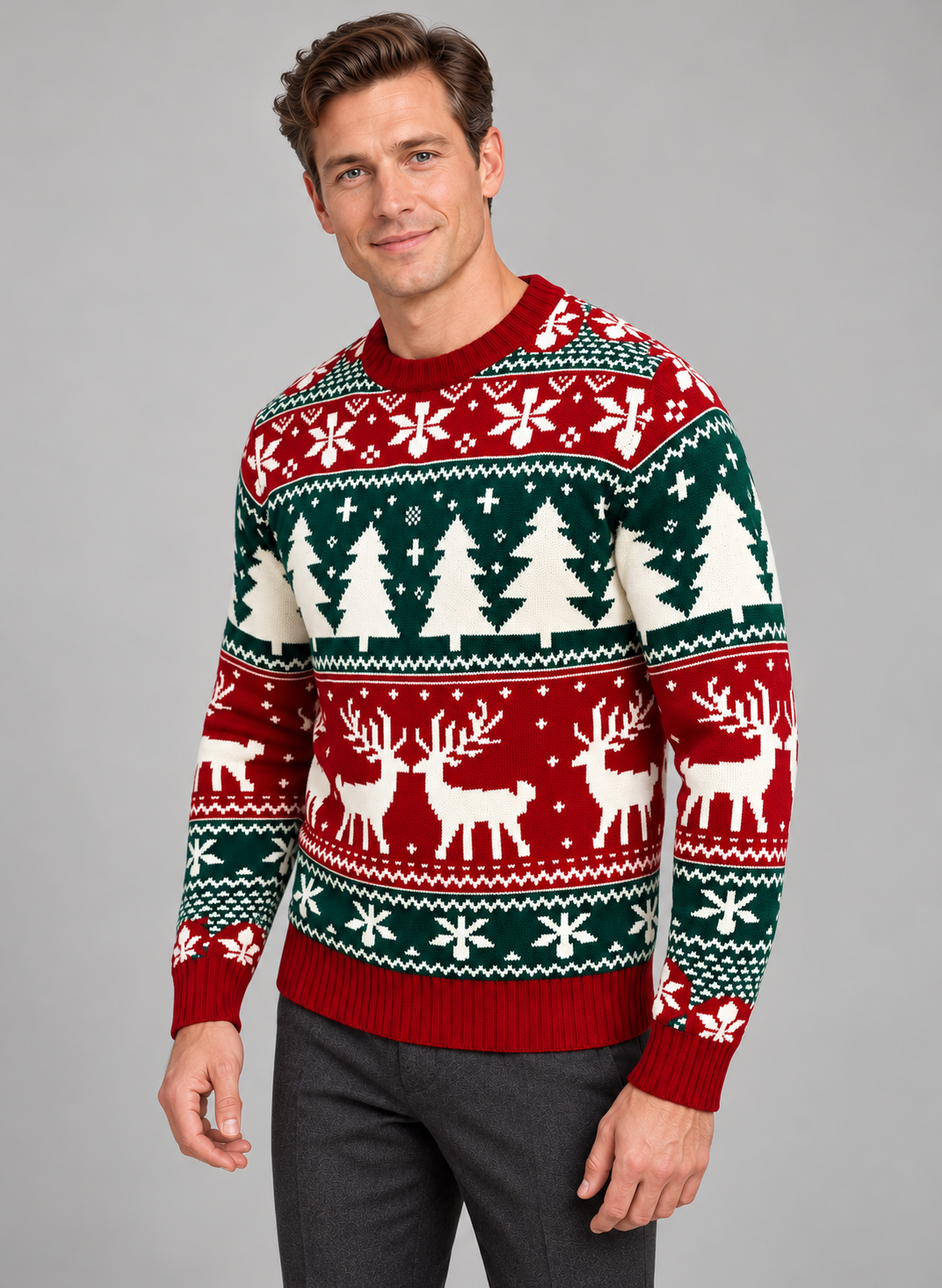 Pull de Noël homme jacquard renne col rond motif flocons et sapins