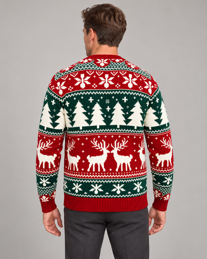 Pull de Noël homme jacquard renne col rond motif flocons et sapins