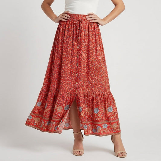 Jupe Maxi Femme | Motif Floral Bohème, Ourlet Superposé
