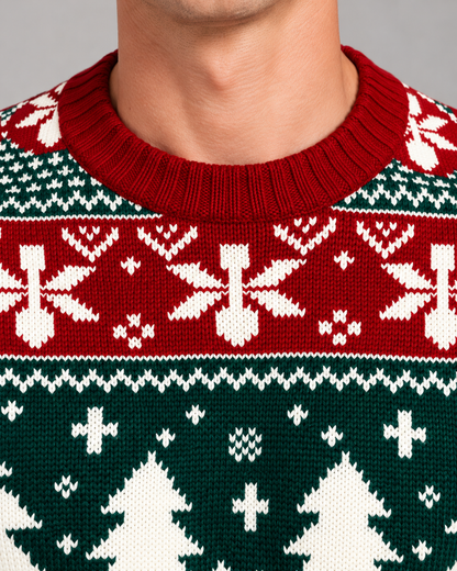 Pull de Noël homme jacquard renne col rond motif flocons et sapins
