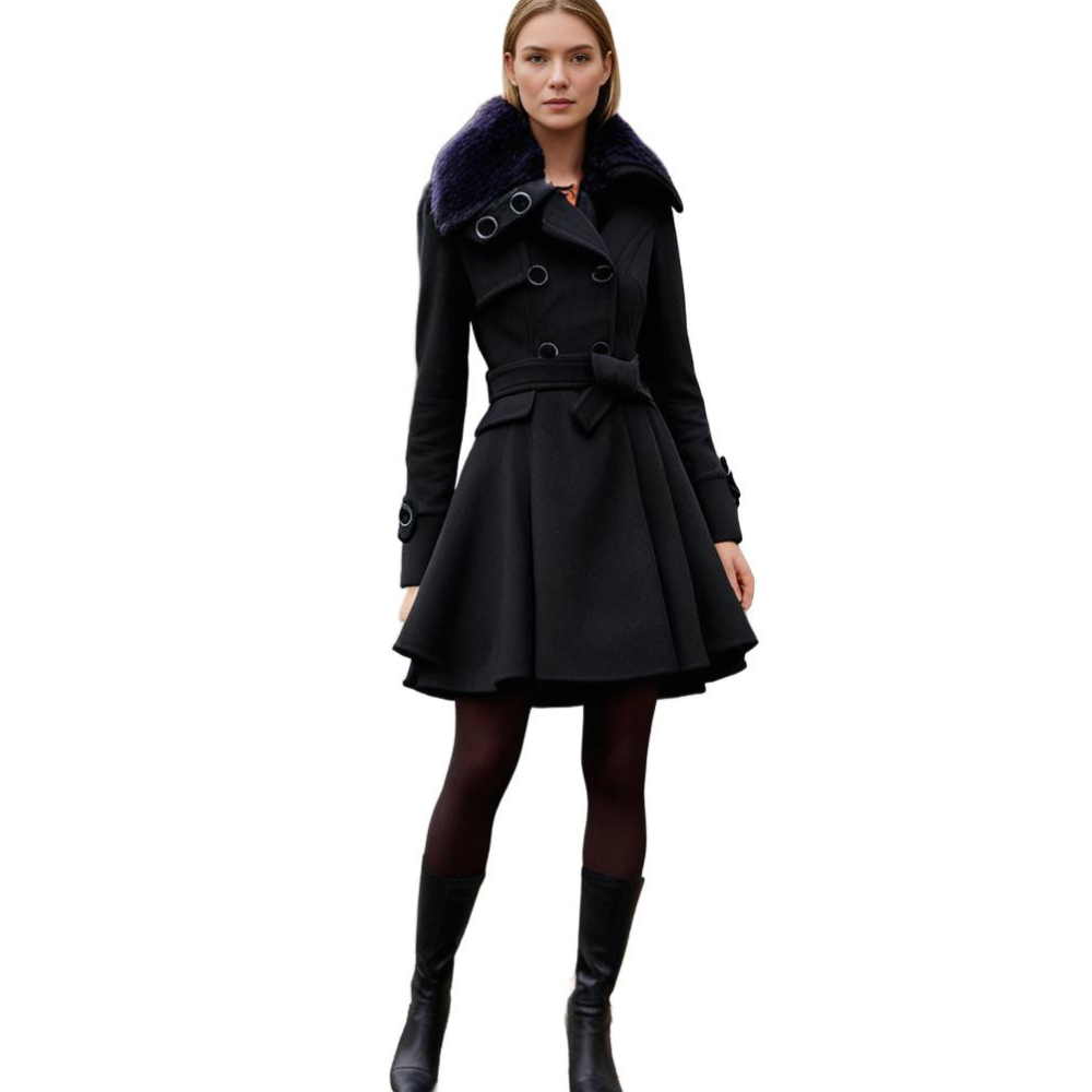Manteau long femme hiver capuche et col fausse fourrure