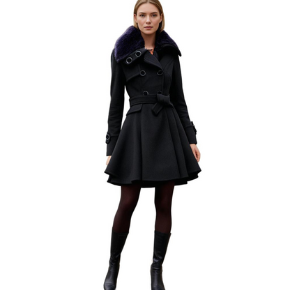 Manteau long femme hiver capuche et col fausse fourrure