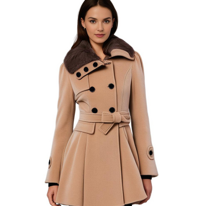 Manteau long femme hiver capuche et col fausse fourrure