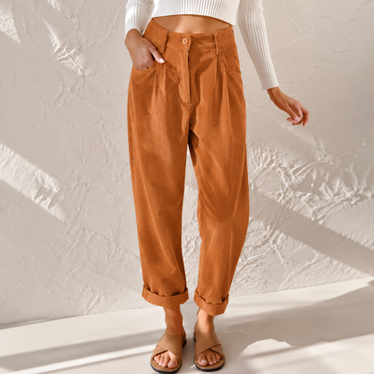 Pantalon velours femme taille haute côtelé coupe fuselée rétro