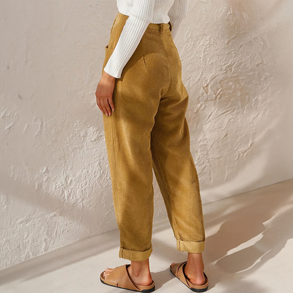 Pantalon velours femme taille haute côtelé coupe fuselée rétro