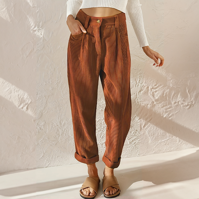 Pantalon velours femme taille haute côtelé coupe fuselée rétro