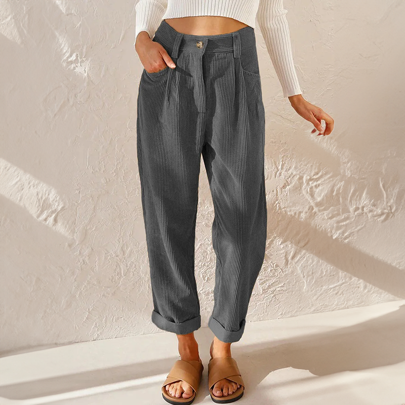 Pantalon velours femme taille haute côtelé coupe fuselée rétro