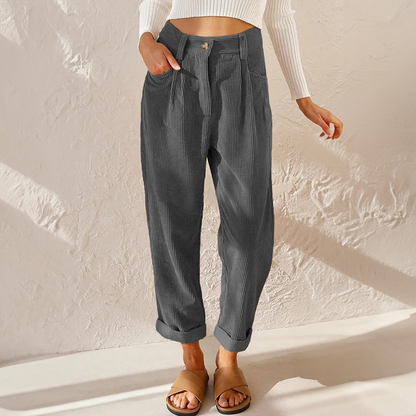 Pantalon velours femme taille haute côtelé coupe fuselée rétro