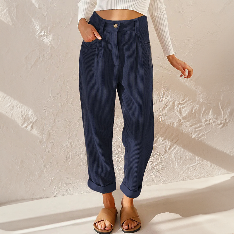 Pantalon velours femme taille haute côtelé coupe fuselée rétro