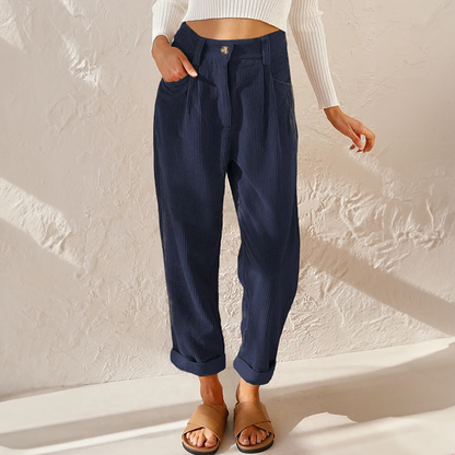Pantalon velours femme taille haute côtelé coupe fuselée rétro