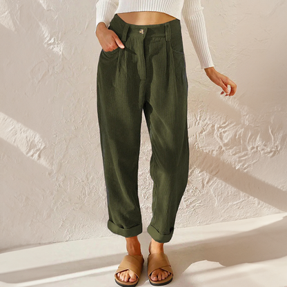 Pantalon velours femme taille haute côtelé coupe fuselée rétro