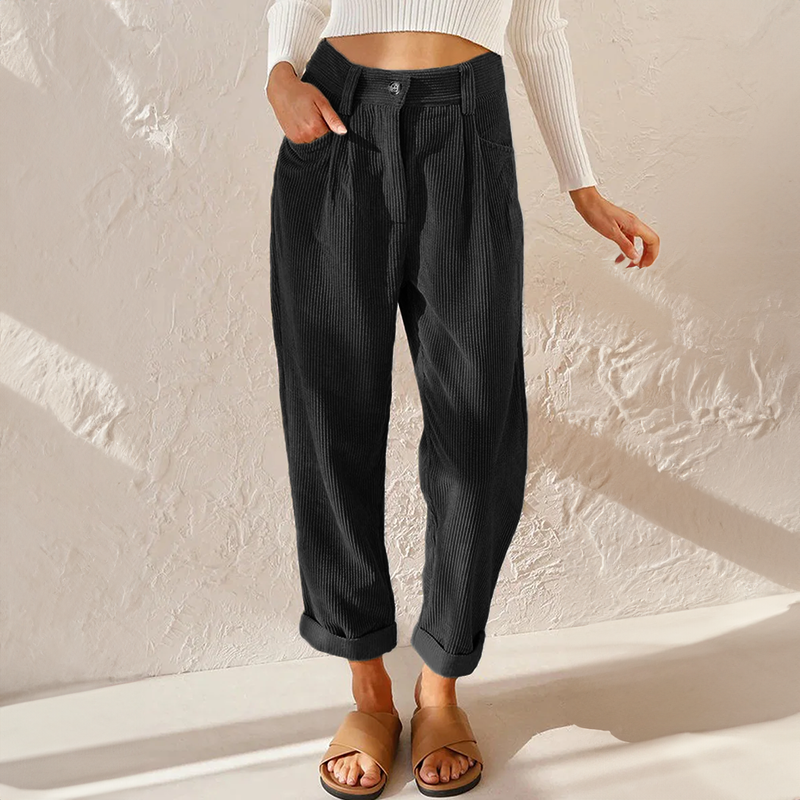 Pantalon velours femme taille haute côtelé coupe fuselée rétro