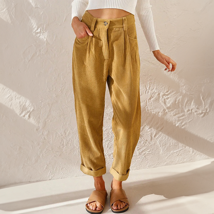 Pantalon velours femme taille haute côtelé coupe fuselée rétro